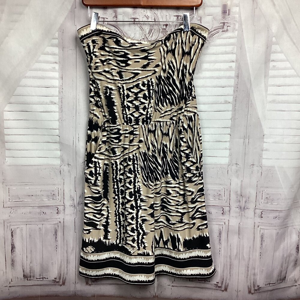 BCBG MaxAzria Strapless Black Cream Print Dress M